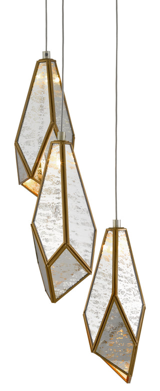 Currey and Company - 9000-0703 - Three Light Pendant - Glace - Raj Mirror/Antique Brass/Silver