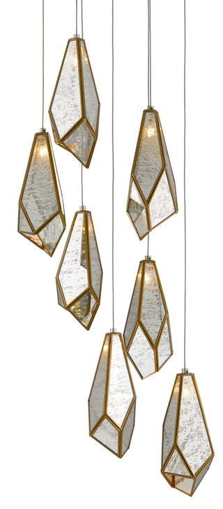 Currey and Company - 9000-0704 - Seven Light Pendant - Glace - Raj Mirror/Antique Brass/Silver