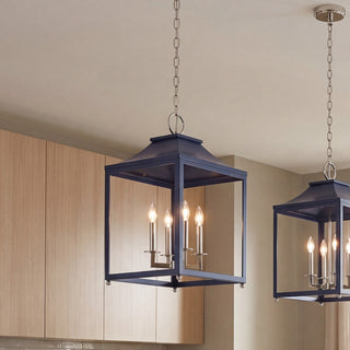 Four Light Pendant in Navy Blue with Polished Nickel