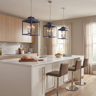 Four Light Pendant in Navy Blue with Polished Nickel