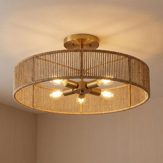 Ashe Five Light Semi Flush Mount in Warm Brass and Rope