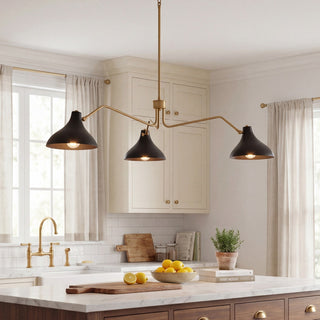 Three Light Pendant in Matte Black with Natural Brass