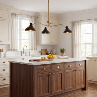 Three Light Pendant in Matte Black with Natural Brass