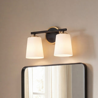 Two Light Bathroom Vanity in Matte Black and Natural Brass