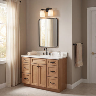 Two Light Bathroom Vanity in Matte Black and Natural Brass