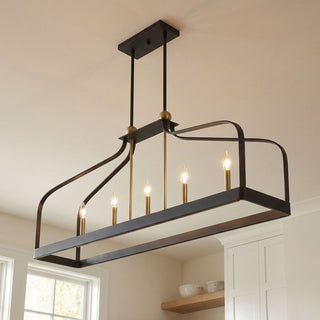Sheffield Five Light Linear Chandelier in Matte Black with Warm Brass Accents