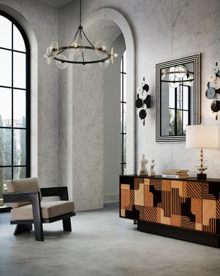 Circumstellar Eight Light Chandelier in Black Iron/Clear