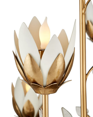 Star Magnolia 15 Light Chandelier in Antique Brass/White/Clear