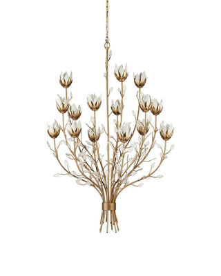 Star Magnolia 15 Light Chandelier in Antique Brass/White/Clear