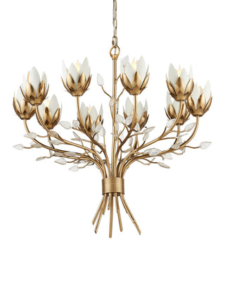 Star Magnolia Ten Light Chandelier in Antique Brass/White/Clear