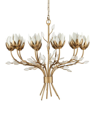 Star Magnolia Ten Light Chandelier in Antique Brass/White/Clear