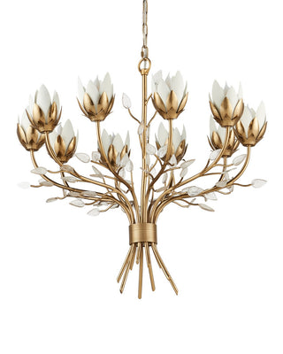 Star Magnolia Ten Light Chandelier in Antique Brass/White/Clear