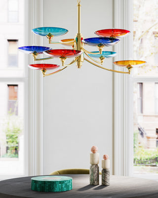 Veneto Nine Light Chandelier in Blue/Yellow/Red/Polished Brass