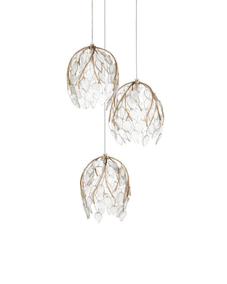 Banyan Three Light Pendant in Antique Brass/Clear/Silver