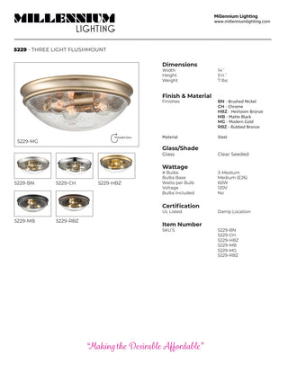 3-Light Flushmount Ceiling Light Rubbed Bronze