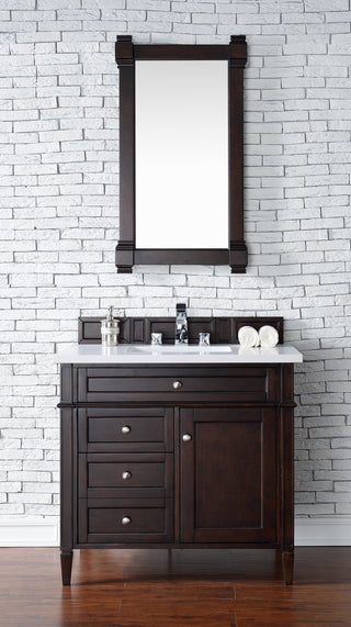 36 Inch Brittany Freestanding Vanity in Burnished Mahogany / White Zeus Top