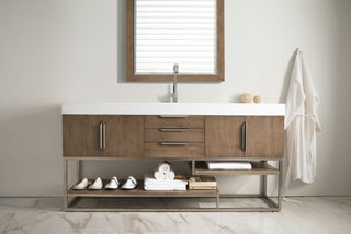 72.375 Inch Columbia Freestanding Vanity in Latte Oak / Glossy White Top
