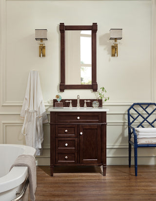 30 Inch Brittany Freestanding Vanity in Burnished Mahogany / Carrara White Top