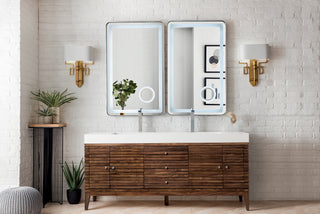 72.5 Inch Linear Freestanding Vanity in Mid-Century Walnut / Glossy White Top