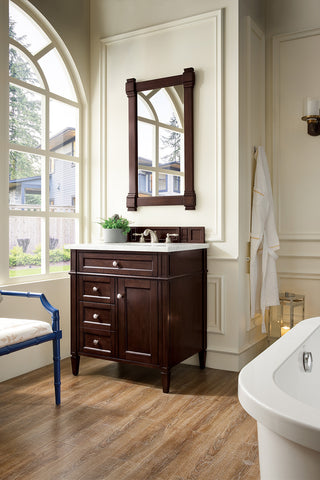 30 Inch Brittany Freestanding Vanity in Burnished Mahogany / Carrara White Top