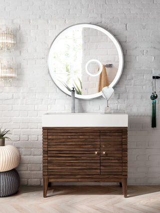 35.38 Inch Linear Freestanding Vanity in Mid-Century Walnut / Glossy White Top