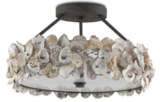 Oyster Shell Three Light Semi-Flush Mount in Natural/Textured Bronze/White