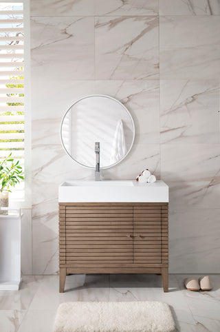 35.38 Inch Linear Freestanding Vanity in Whitewashed Walnut / Glossy White Top