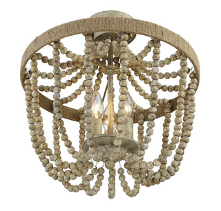 Msemi Three Light Semi-Flush Mount in Natural Wood with Rope