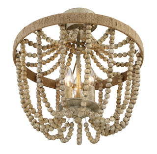 Msemi Three Light Semi-Flush Mount in Natural Wood with Rope