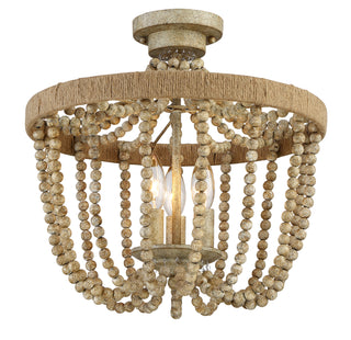 Msemi Three Light Semi-Flush Mount in Natural Wood with Rope