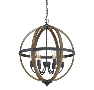 Mpend Six Light Pendant in Wood with Black