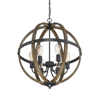 Mpend Six Light Pendant in Wood with Black