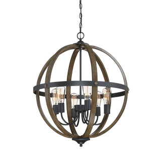 Mpend Six Light Pendant in Wood with Black
