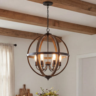 Mpend Six Light Pendant in Wood with Black