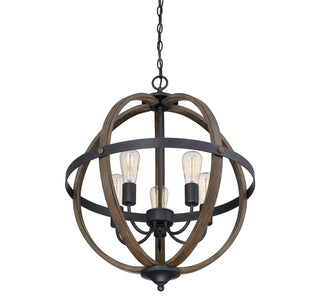 Mchan Five Light Pendant in Wood with Black