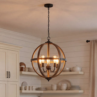 Mchan Five Light Pendant in Wood with Black