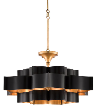 Grand Lotus Six Light Chandelier in Satin Black/Contemporary Gold Leaf
