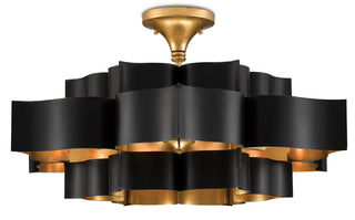 Grand Lotus Six Light Chandelier in Satin Black/Contemporary Gold Leaf
