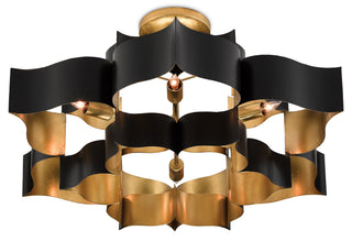 Grand Lotus Six Light Chandelier in Satin Black/Contemporary Gold Leaf