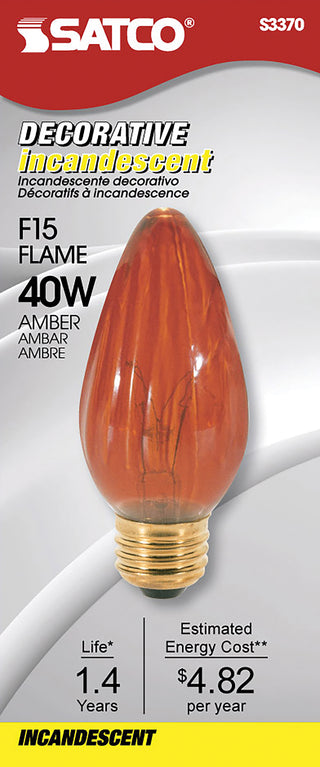 Incandescent Candle Bulb: 40W;  F15;  ;  Amber;  120V;  E26 Medium Base