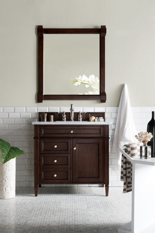 36 Inch Brittany Freestanding Vanity in Burnished Mahogany / Carrara White Top