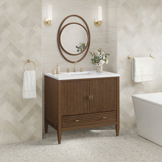 36 Inch Myrrin Freestanding Vanity in Mid-Century Walnut / White Zeus Top
