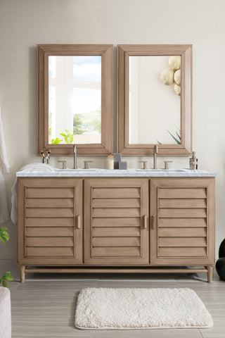 60 Inch Portland Freestanding Vanity in Whitewashed Walnut / Carrara White Top