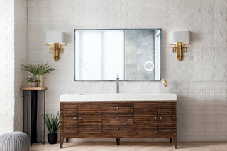 72.5 Inch Linear Freestanding Vanity in Mid-Century Walnut / Glossy White Top