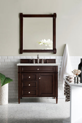 36 Inch Brittany Freestanding Vanity in Burnished Mahogany / Eternal Jasmine Pearl Top