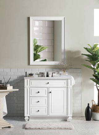 36 Inch Bristol Freestanding Vanity in Bright White / Arctic Fall Solid Surface Top