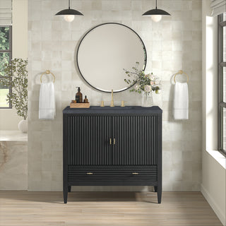 36 Inch Myrrin Freestanding Vanity in Carbon Oak / Charcoal Soapstone Top