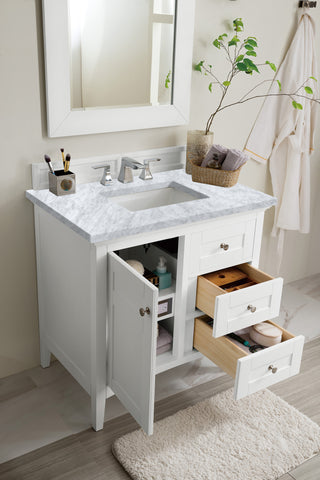 36 Inch Palisades Freestanding Vanity in Bright White / Carrara White Top