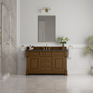 60 Inch Brookfield Freestanding Vanity in Honey Oak / Charcoal Soapstone Top