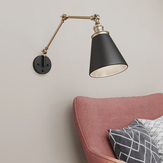 Evonne 1-Light Swing Arm Sconce Light Matte Black/Vintage Brass
